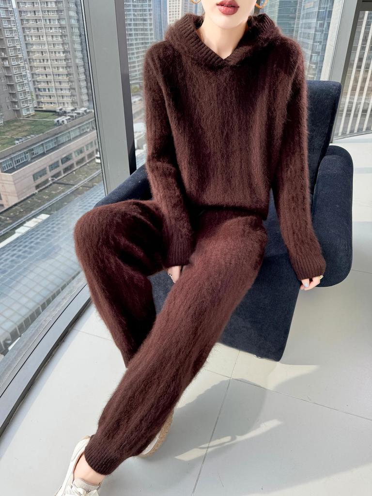 Women's Mid-Length Hooded Mink Velvet Sweater Dress - Thick Knit, Loose Fit, Autumn/Winter Pullover.