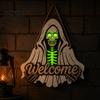 Front Porch Decoration Halloween Wooden Welcome Sign, Skeleton Reaper Irregular Door Decor, Rustic Wood Sign Wall Hanging Ornament for Home