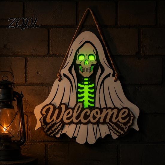 Front Porch Decoration Halloween Wooden Welcome Sign, Skeleton Reaper Irregular Door Decor, Rustic Wood Sign Wall Hanging Ornament for Home