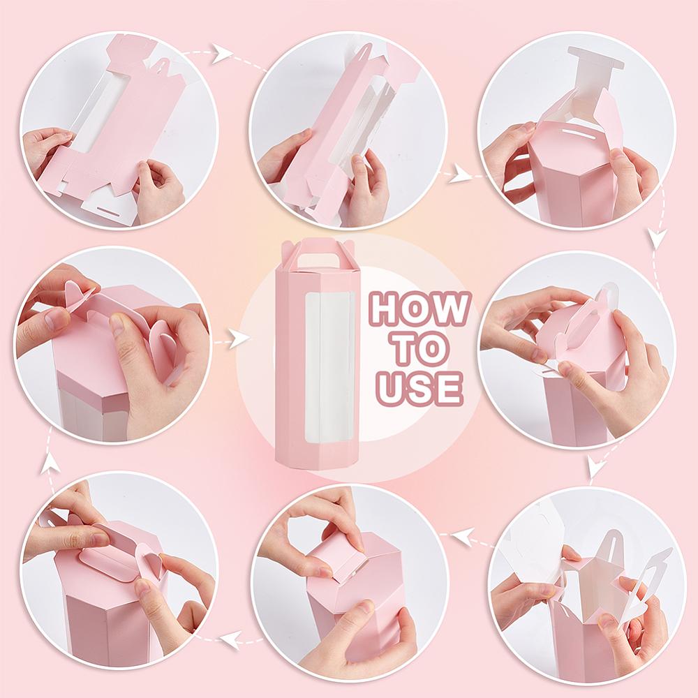 10Pcs Paper Gift Storage Boxes with Visible Window Packaging Carton Boxes Octagon Pink 8.8x3.5x24.5cm