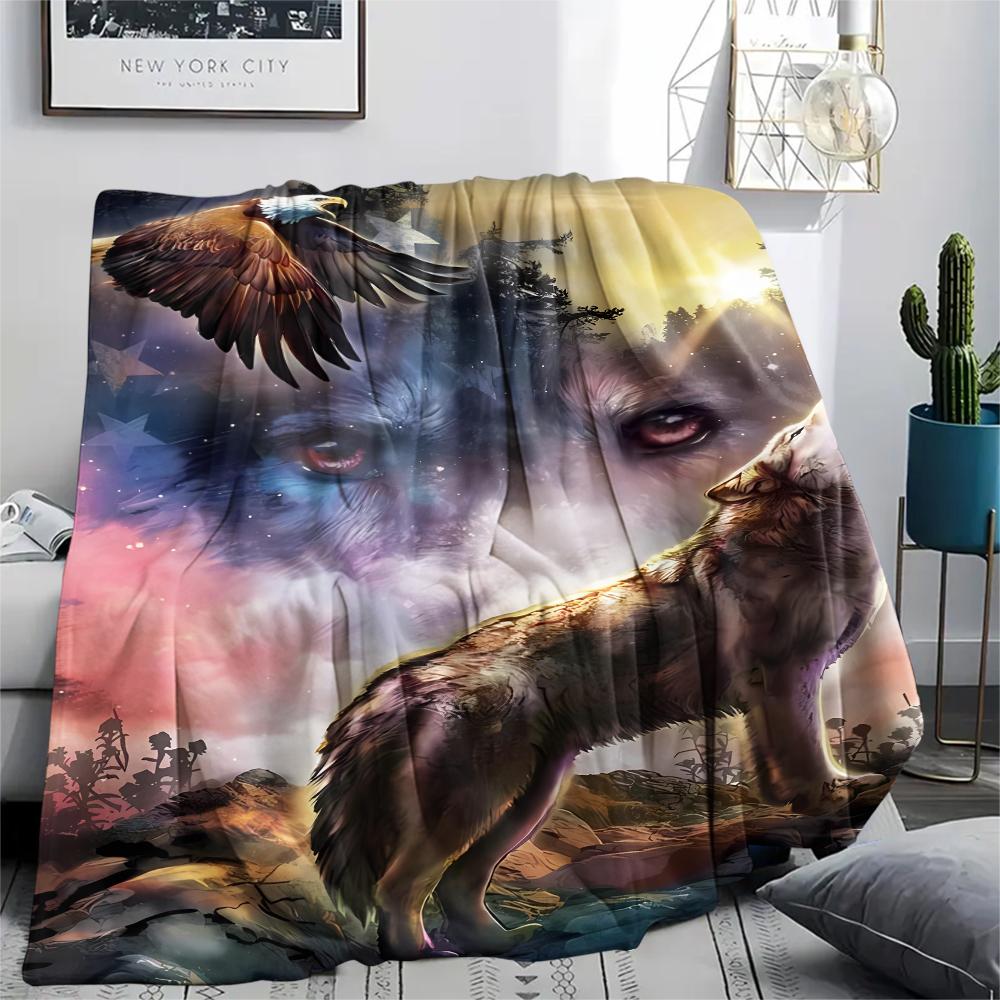 1Pc Indian Wolf Print Flannel Blanket, High quality Comfortable for All Seasons, Home Decor, Warmth and Comfort, Perfect for Christmas Gifts