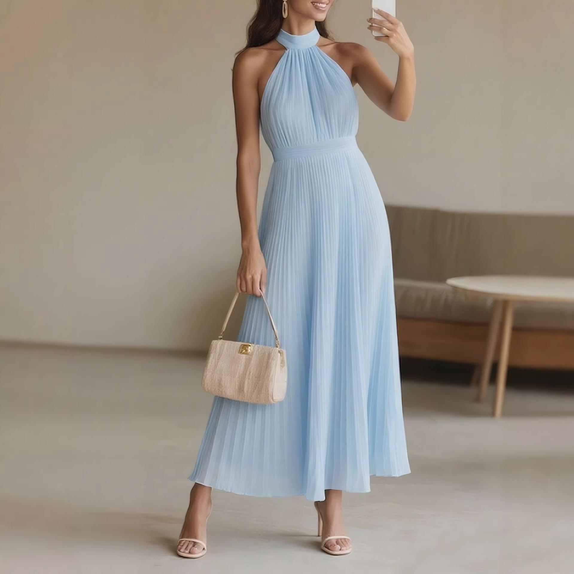 2026 spring and summer new seaside vacation beach dress sexy European and American pleated dress S