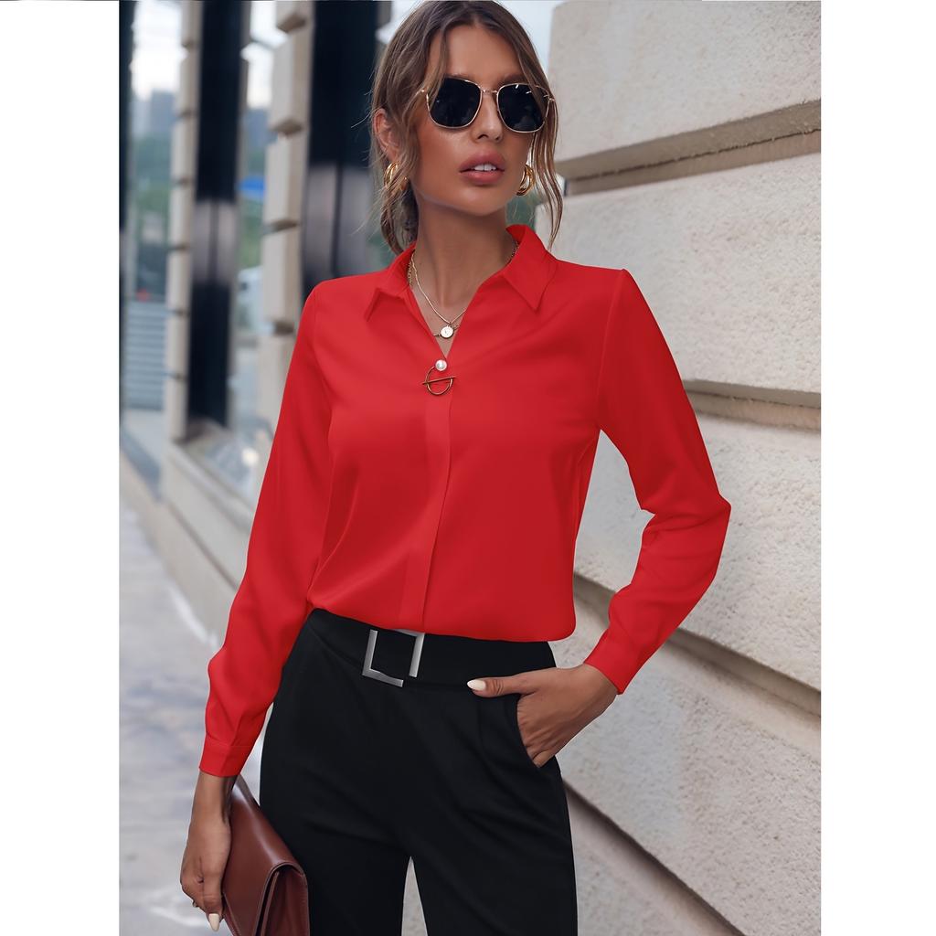Commuter Women's Versatile Simple Solid Color Shirt Long Sleeved Medium Long Oversized Shirt