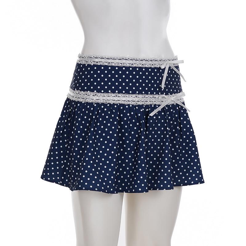 Retro Polka Dot Bow Lace Trim A-line Skirt - Summer Slimming Style