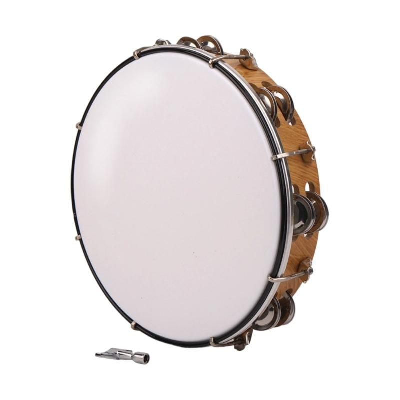 10inch Round Tambourine Drum Bells Double Row Metal Bells Tambourine Handheld Percussion Instrument for Church Party