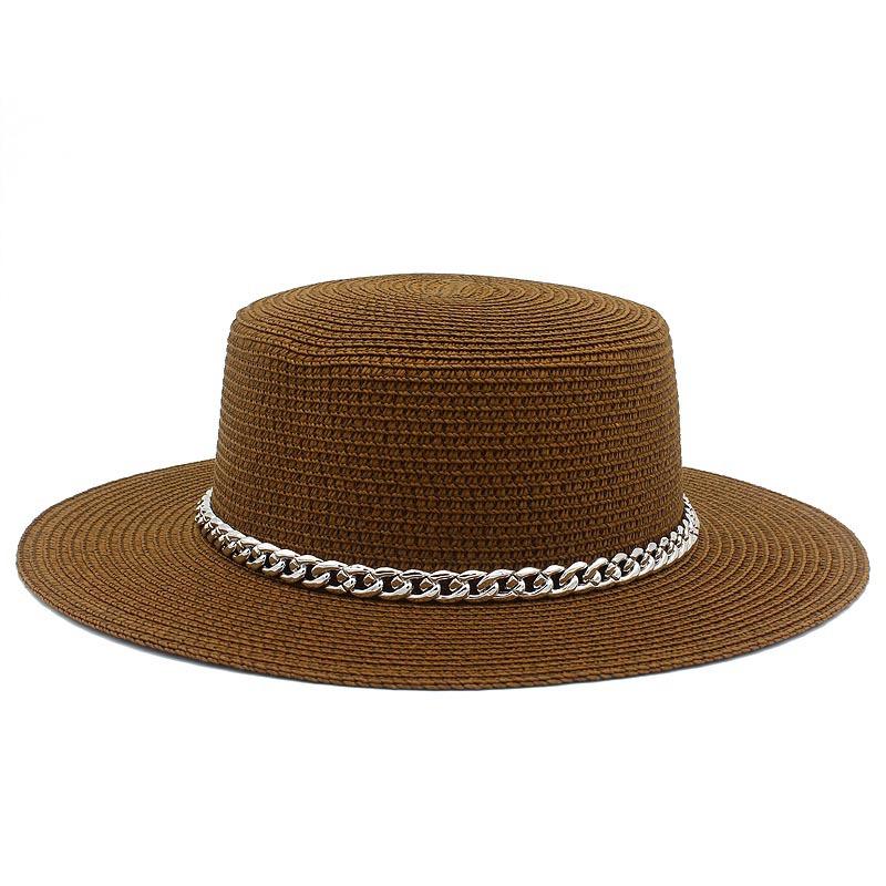 Spring and summer women's travel sunscreen straw hat fashion chain solid color beach British style jazz hat Hats