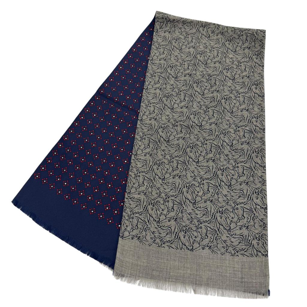 Excellent HERMES Scarf Tisse Reversible Horse Mix Fringe Gray Cashmere Mens Used