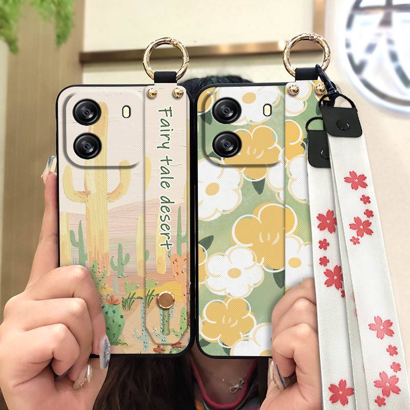Protective Anti-dust Phone Case For Blackview Wave 6C Kickstand Ring Lanyard Soft Case Phone Holder Anti-knock Flower