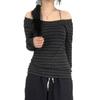 One-word Neck Striped Light and Slim-fit Long-sleeved Spice Girl Sexy Off-the-shoulder Simple Versatile and Thin Relaxed Top
