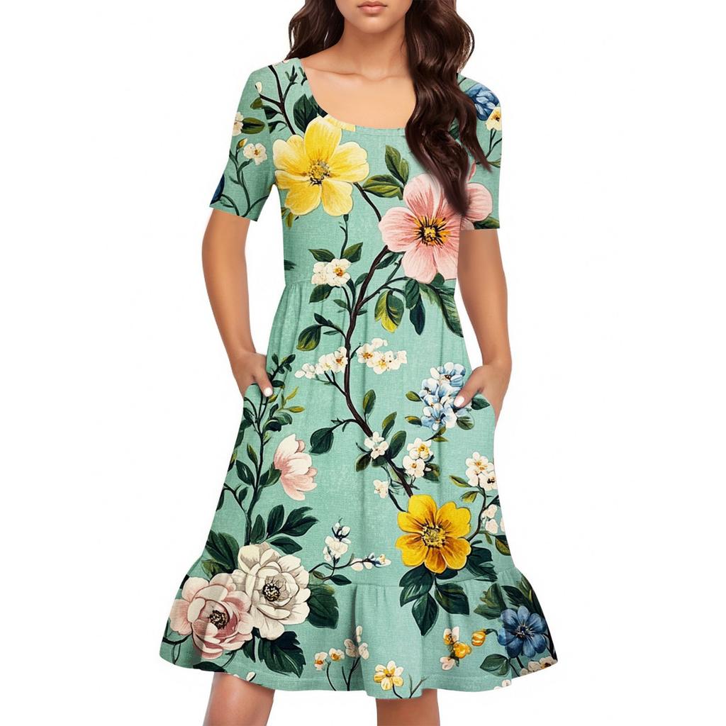 Damen Casual Rundhals Kurzarmkleid Lockeres Taillenplisseekleid Taillenplisseekleid