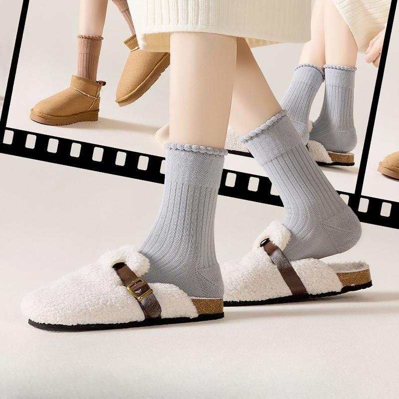 Women's Autumn and Winter Socks with Fleece, Thickened Loops, Warm Cotton Socks, Lace Mid-calf Socks, Towel Bottom, Sweat-absorbing Long Socks