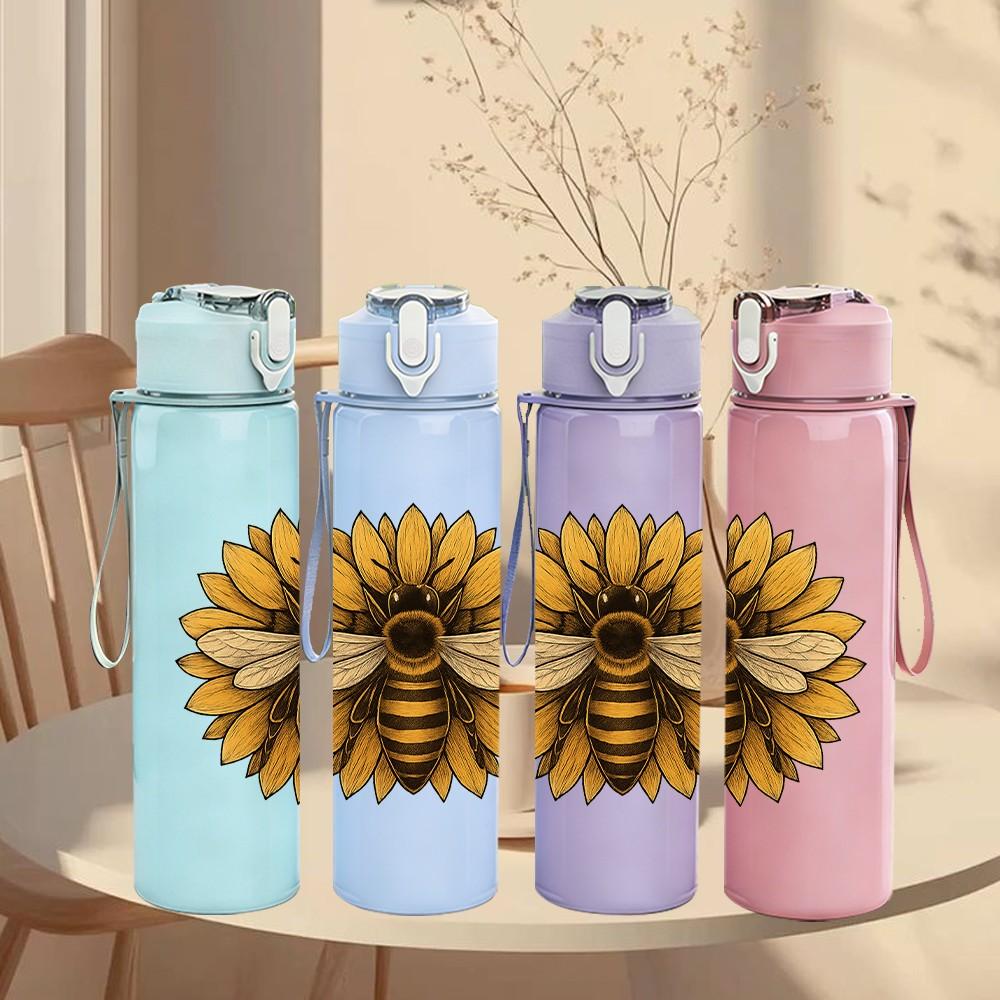 1PC Sunflower Bee Insect Pattern 750ml Color Plastic Sports Water Bottle Leakproof Flip Straw Lid Suitable for Sports Office Home Use