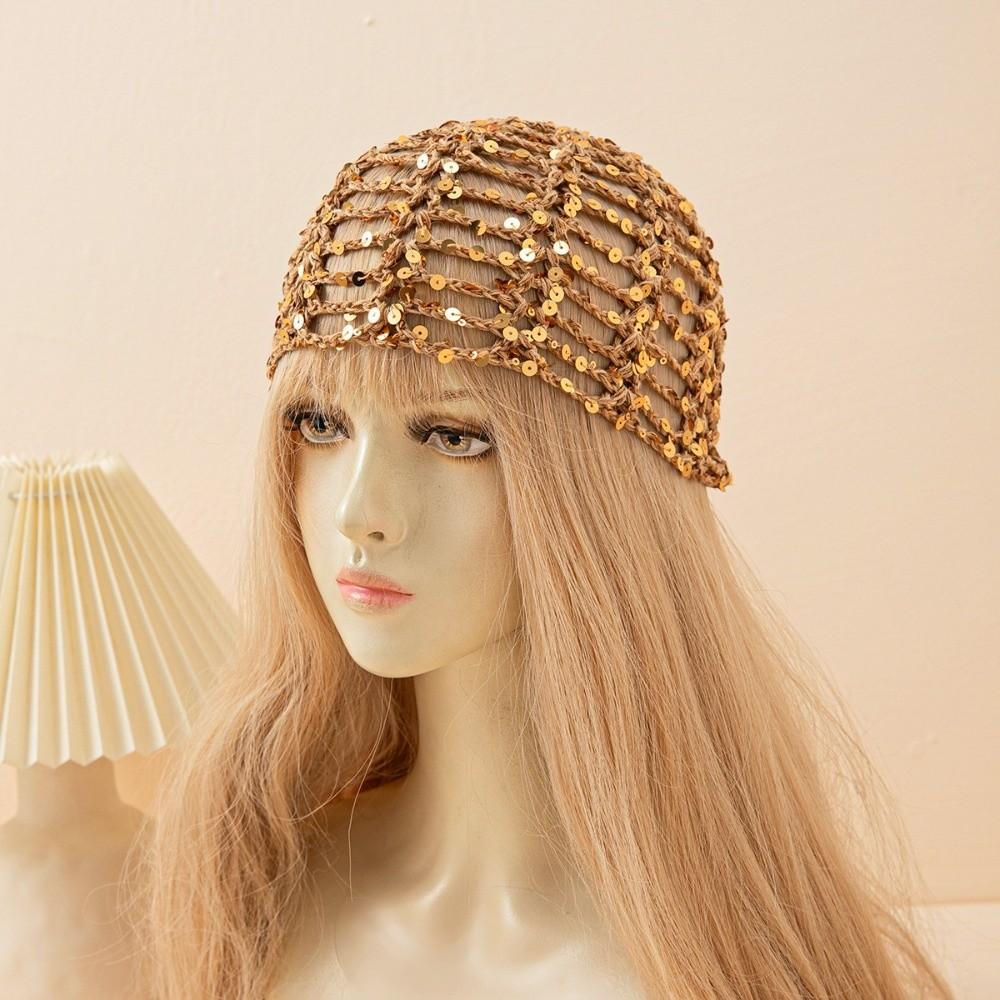 

Casual Hollowed Out Sequined Pullover Hats Sequined Design Vintage Style Beanie Hat Hollow Knit Beanie Daily Use хаки