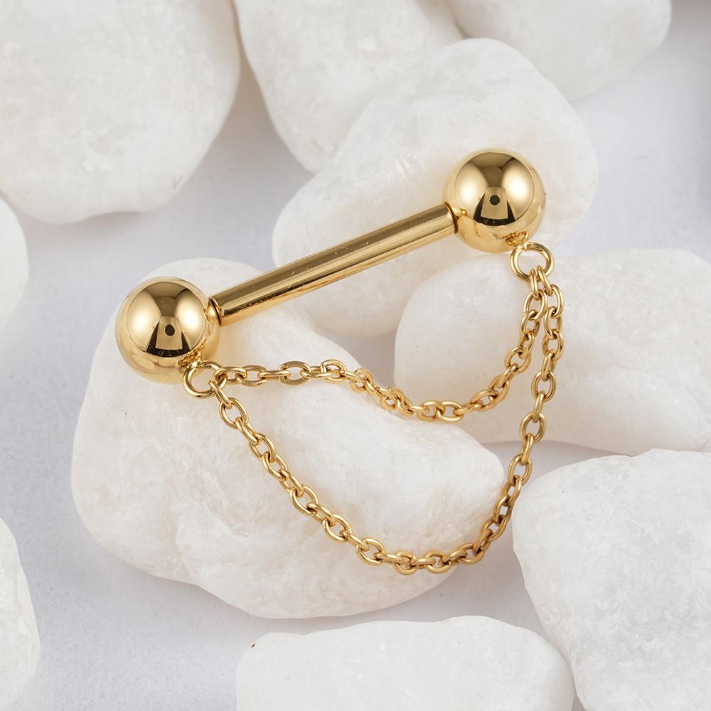 Right Grand ASTM F136 Titanium Threadless Push Pin Nipple Shield Ring with Double Chain Dangle 14G Barbell Piercing Jewelry