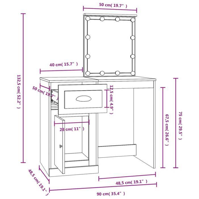 VidaXL Coiffeuse avec LED, Table de Maquillage avec Rangement, Table Cosmétique, Meuble de Chambre à Coucher, Moderne, Noir 816769