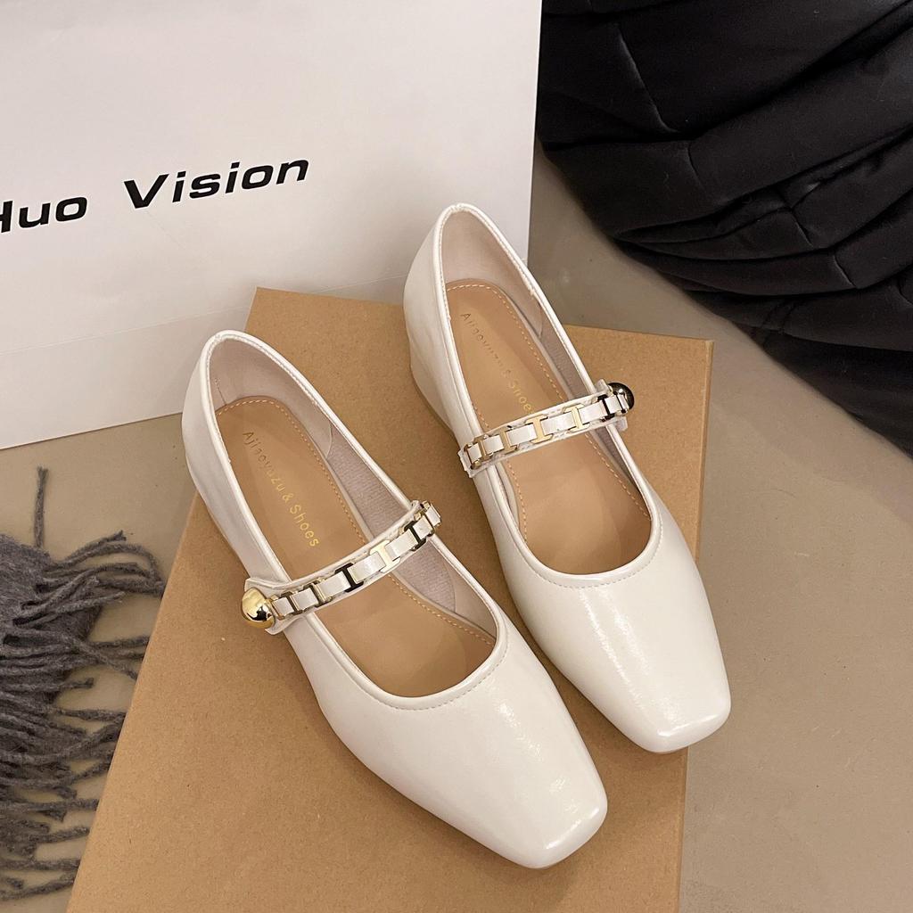 Women's French Retro Square-Toe Mary Janes - Spring Fashion Chain Chunky Heel Low-Cut Leather Shoes