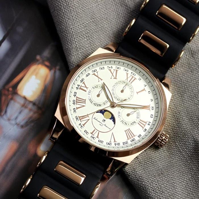 Salvatore Marra Watch Moon Phase Multi-Calendar 50m Waterproof Business Formal Men's Rubber Strap Limited Model White Pink Gold