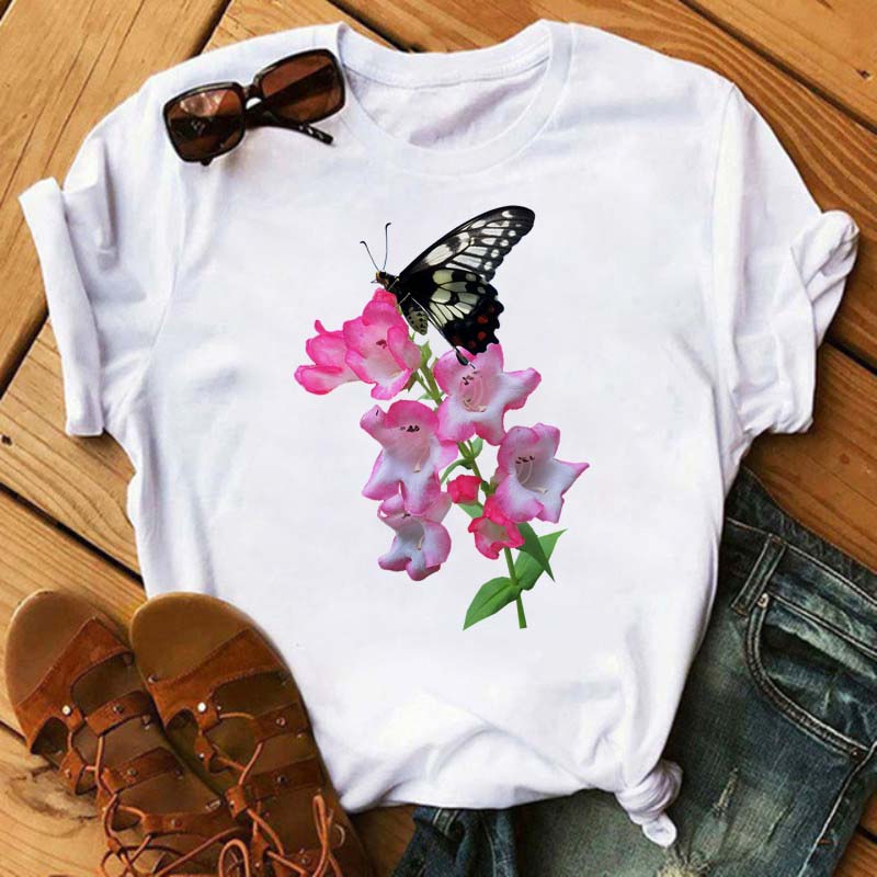 Women Flower Butterfly Fashion Print T Shirt Casual Short Sleeve Ladies T Tee Female Top Shirt Clothes Womens Graphic T-shirt