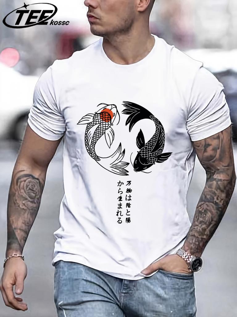 Two Koi Fish Swimming In WatertShirts Men Cotton Casual T Shirt Breathable Crewneck Short Sleeve Unisex Summer Fashion Clothing