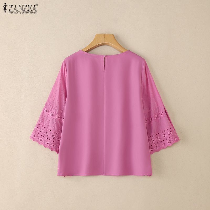 ZANZEA Women Casual Round Neck 3/4 Sleeve Loose Embroidery Patchwork Blouse