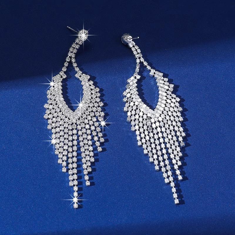 Exaggerated Geometric Long Fringed Earrings Super Flash Earrings Versatile Temperament Fashion Studs Rhinestone Earrings Women