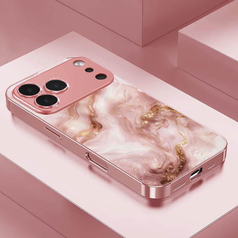 Liquid Marble Glitter Pink Metallic Glass Phone Case For iPhone 11 12 13 14 15 16 17 Pro Max Plus 17Air 16E 7 8 XsMax Back Cover