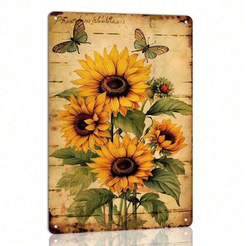 Vintage Sunflower Butterfly Metal Wall Poster for Living Room
