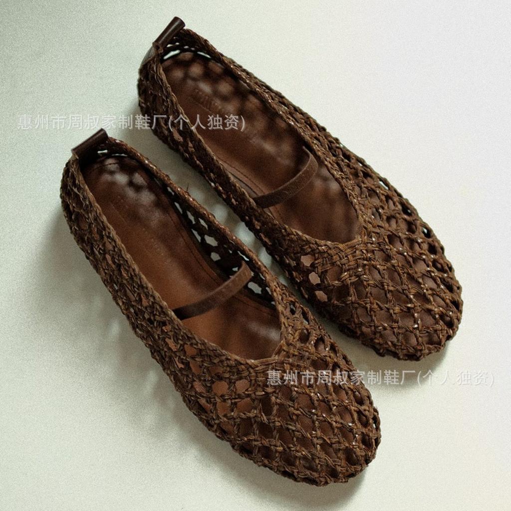 Sheepskin version~ Hollow-out handwoven sandals women's one-word with round head flat-soled single shoes genuine leather shallow mouth Mary Jane shoes