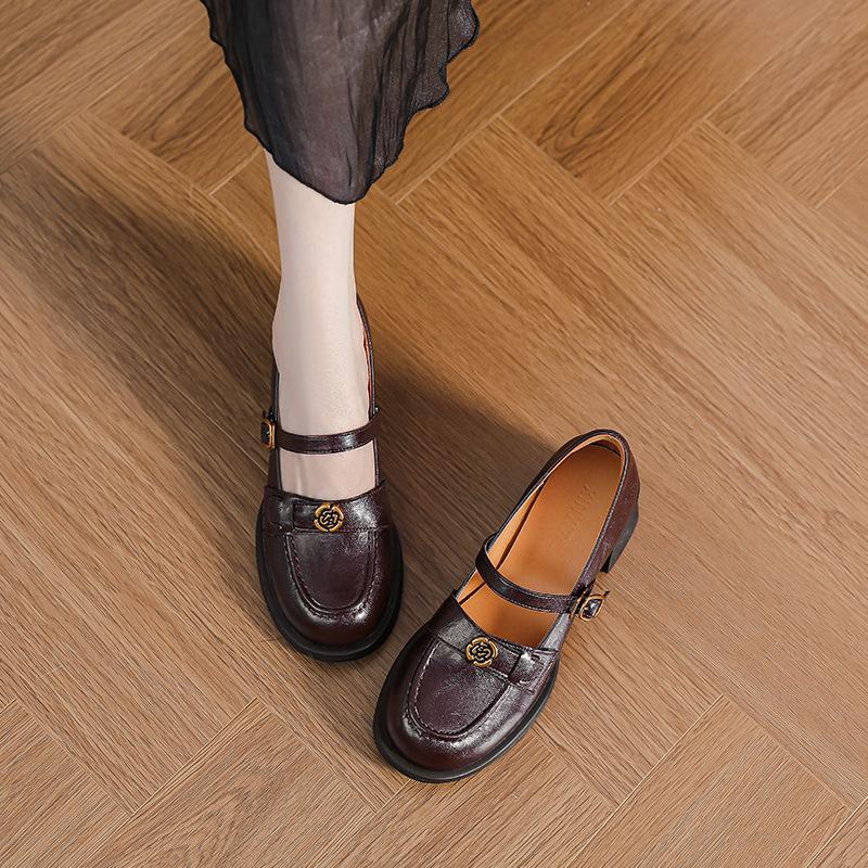Retro Thick Heel Mary Jane Women's Shoes One-word Buckle with Round Head Loafers High Heel Light Mouth French Camellia Small Leather Shoes