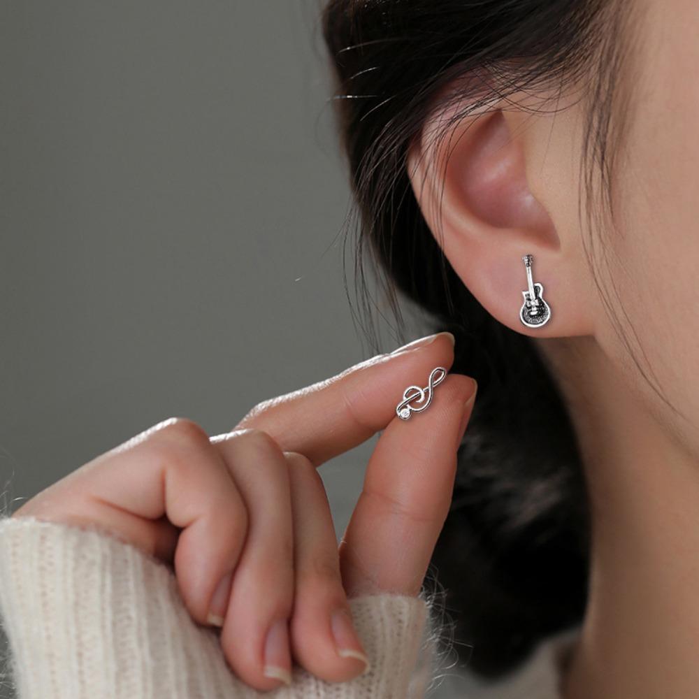 Musical Note Guitar Drip Glaze Ear Bone Nail Y2K Silver Color Small Earrings for Women Cool Girl Jewelry