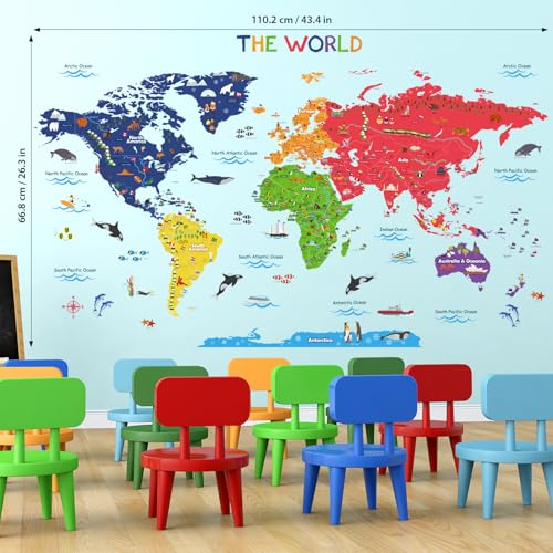 BASHOM SG2-115 Large World Map Wall Sticker, DIY Wall Decal for Kindergarten, Nursery, and Kids' Rooms. Perfect for Boys and Girls, Bathroom Decoratio