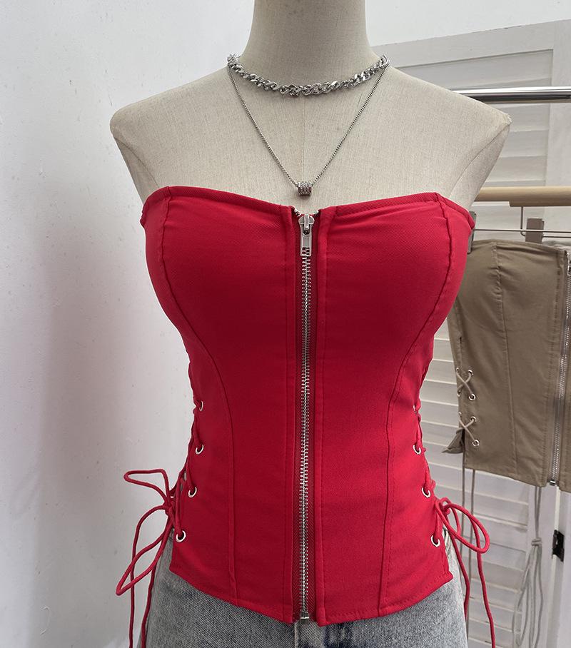 

Spicy Strapless Bandage Zipper Camisole with Chest Pads and Anti-Slip Strips Top One Size красный