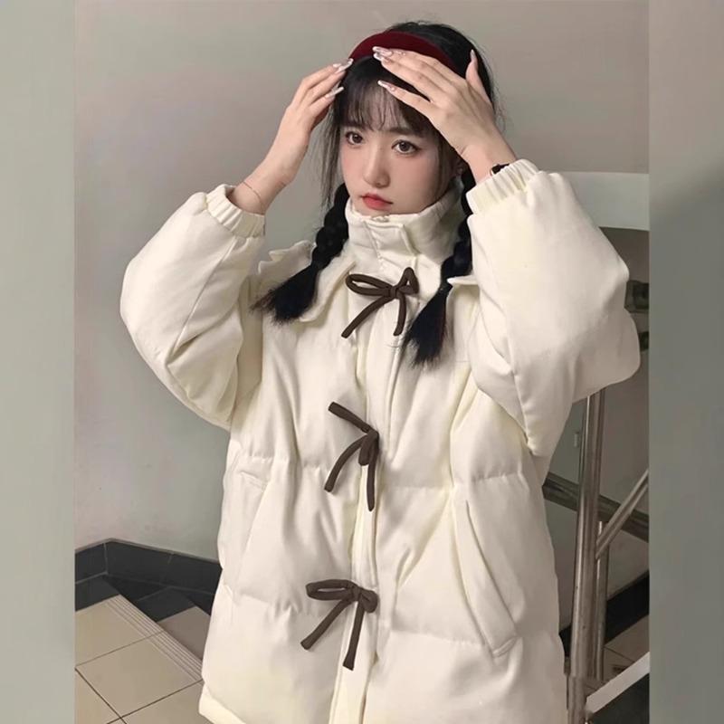 Bow white down jacket women's winter new sweet loose college style thickened cotton jacket small trendy