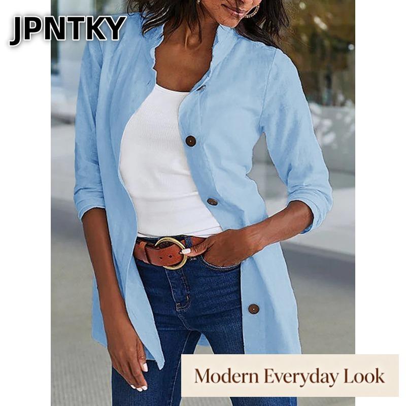 JPNTKY Women's Fashion Casual Solid Color Print Long Sleeve V Neck Coat