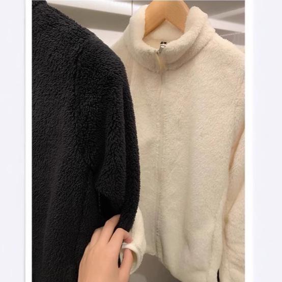 Women's Fleece Short Loose Jacket - Plus Size, Warm Outdoor Stand-Up Collar Cardigan for Autumn & Winter
