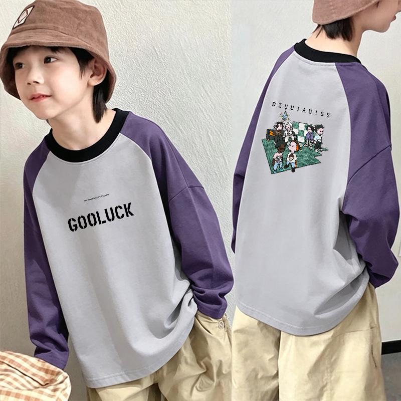 Boys' Color Block Crew Neck Long Sleeve T-shirt - Pure Cotton Base Layer Top for Spring & Autumn 2026