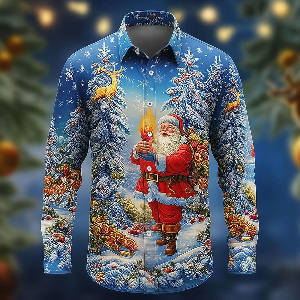 Heren Lange Mouw Shirt Kerstman Kerstboom Kerstcadeau Shirt Streetwear Casual Comfort Slim Fit Overhemden