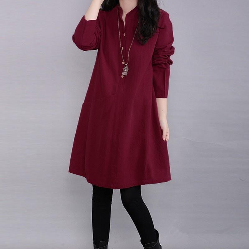 Timeless Vintage Women Long Sleeve Pullover V Neck Tunic Dress For Casual Elegance