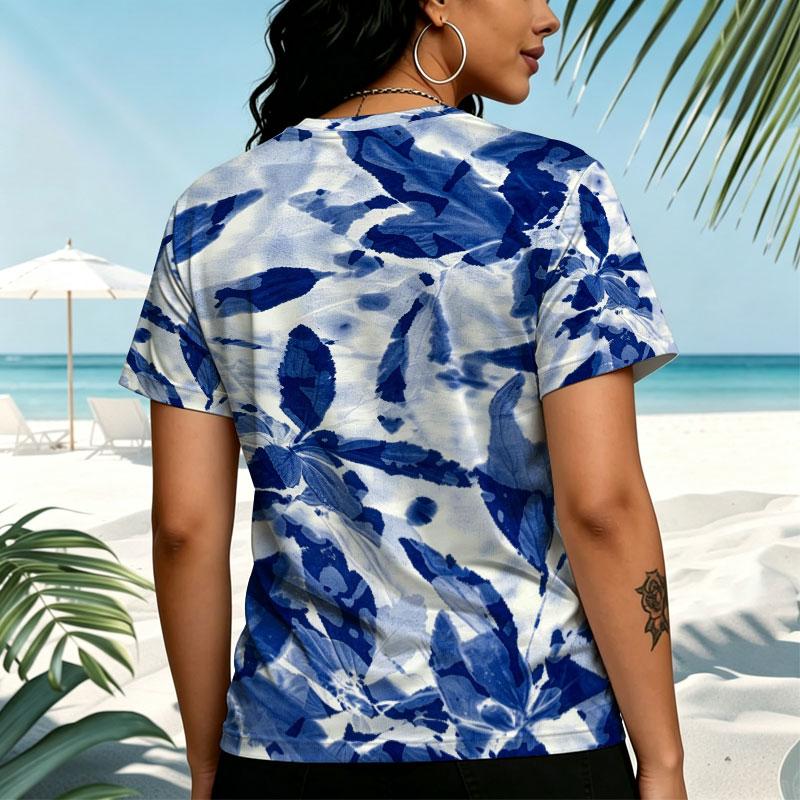 Women's Blue & White Short Sleeve Tee Soft, Lightweight & Comfy, Casual Versatile for Daily & Weekend Wear