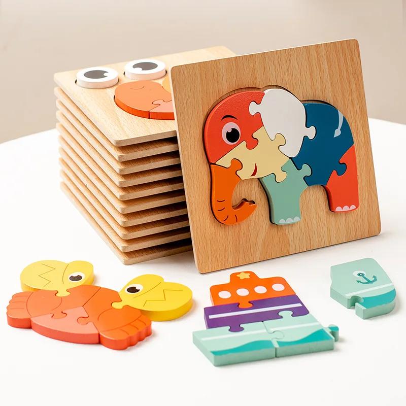 4Pcs Children 3D Wooden Animal Puzzle Kindergarten Early Education Development Stereoscopic Toddlers Toys for 2-3 Year Old Baby