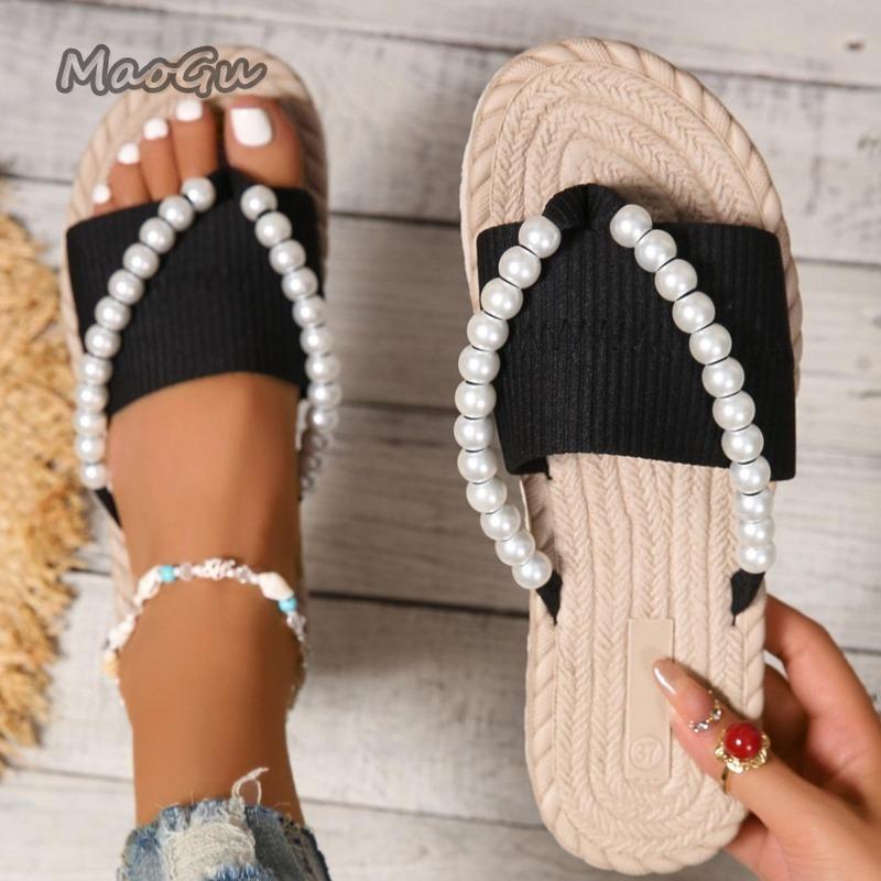 Women's Slippers Summer 2025 Soft Sole Outwear Beach Slippers Flat Bottom Pearl String Flip Flops Size43 Pantuflas Mujer
