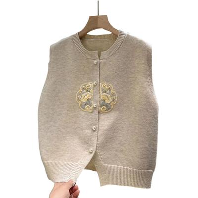 Novo colete superior início da primavera novo colete feminino vintage bordado sem mangas ombro kam malha