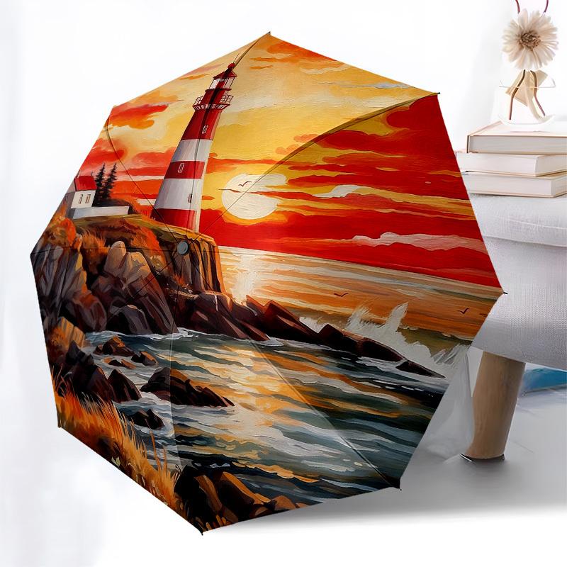 1pc Lighthouse Sunset Automatic Folding Umbrella, Heavy Duty 8 Rib Iron Frame,  Suitable for Travel, Daily Use, Birthday, Decor Gift M0105113