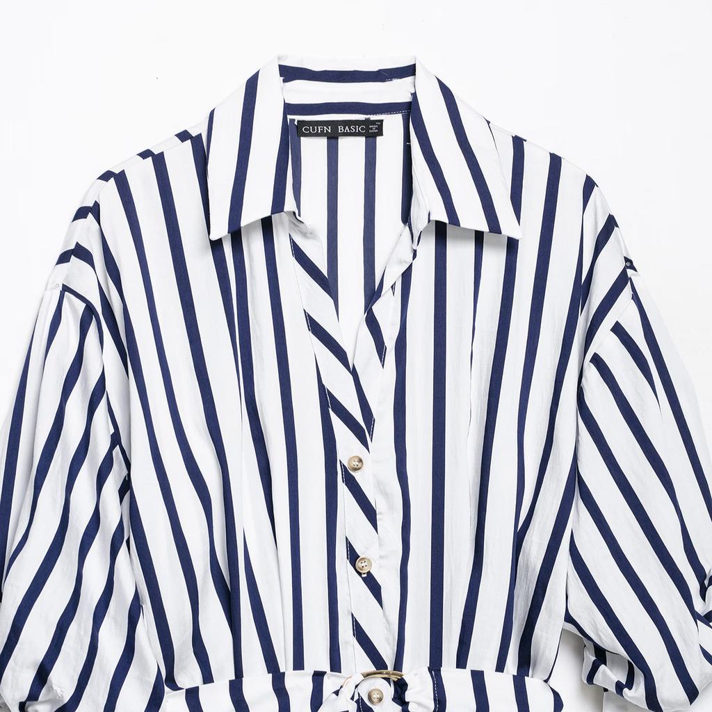Spring and summer new European and American style fashion break long-sleeved lapel striped belt long dress