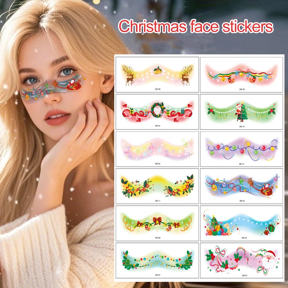 12Pieces Face Tattoo Stickers Waterproof Christmas Temporary Tattoos for Women Face Makeup Decals for Party Festival