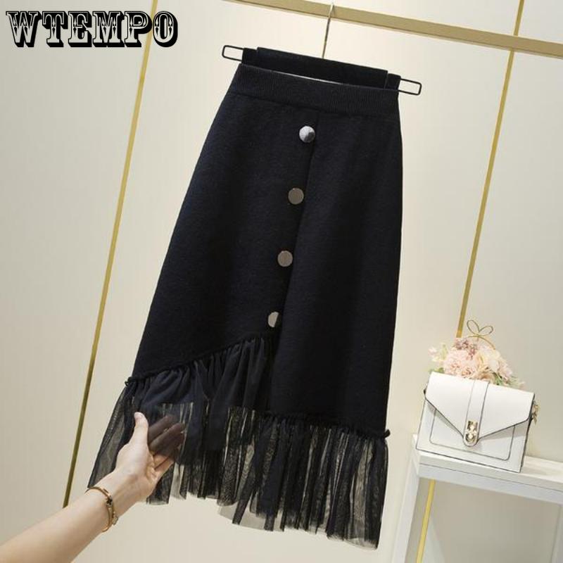 Elegant Black Single Row Button Elastic High Waist A Line Knitted Half-body Skirt Female Irregular Hem Mesh Splicing Package Hip Skirt