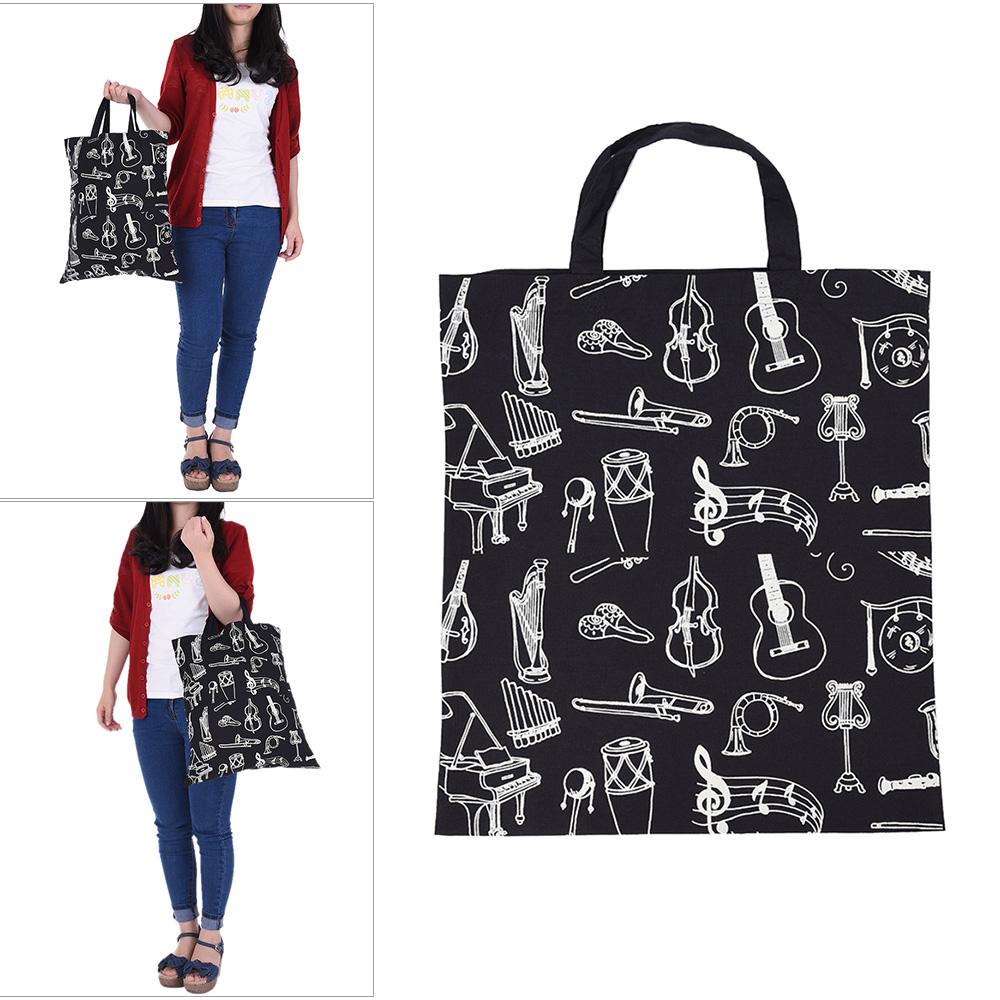 Cartoon Muscial Instruments Patterns Washable Cotton Cloth Handbag Music Tote Shoulder Grocery Shopping Bag for