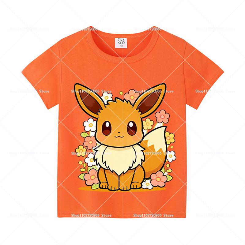 Pokemons Cotton T-Shirt Pikachu Eevee Cartoon Anime Tees Classic Game Fashion Printed Tops Summer Breathable Casual Clothes Gift