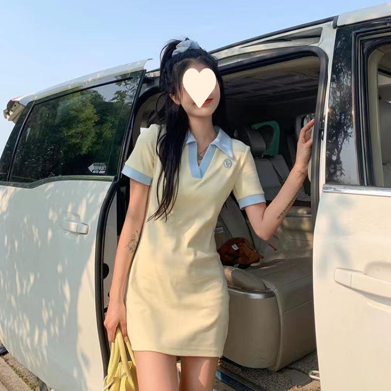 Age Reduction Sweet Milk Fufu Waist Thin Color Matching Polo Dress Women's Summer New Hip Skirt Women