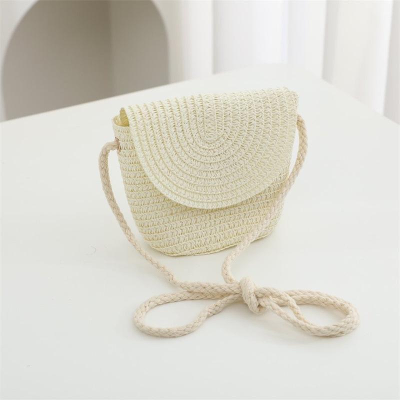 Summer Solid Color Straw Bag Shoulder Messenger Round Bag Children Versatile Outing Beach Bag Light Board DIY Round Weaving